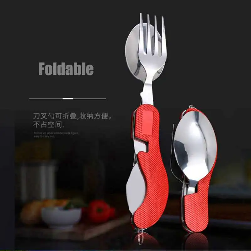 

Outdoor Multi Function Fork Knife Tablewear Tools Stainless Steel Portable 6 in 1 Folding Fork Knife for Camping Picnic Travel