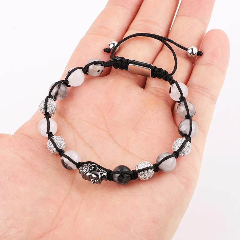New Design Natural Quartz Stone CZ Pave Charm Buddha Friendship Macrame Adjustable Bracelet Men Women - Image 4