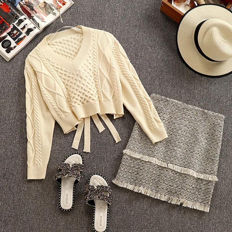 Осенняя тонкая твидовая юбка и свитер женский комплект 2 шт. с v-образным вырезом сзади и галстуком-бабочкой, свитер с петельками и бахромой, комплекты мини-юбок