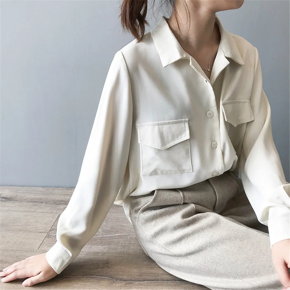 Autumn Solid Women Blouse 2019 Casual Lapel Double Pockets Blouse Shirt Flannel Shirts Female Long Sleeve Tops Y0576 (10)