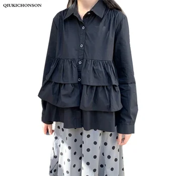 

Qiukichonson Spring Autumn Long Sleeve Black Shirts Women Kawaii Babydoll Ruffle Tops Plus Size dames shirt