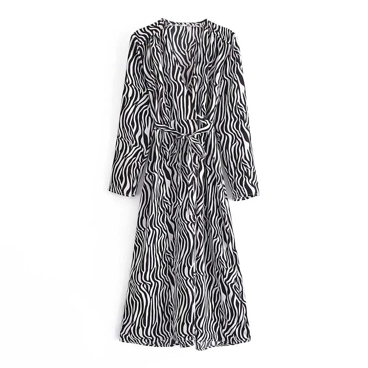 2021 Autumn Fashion Women Zebra Print Dress Long Sleeve Office Ladies Midi With Slash | Женская одежда