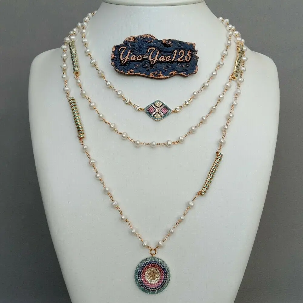 

Multi Strand Freshwater White Pearl Chain Necklace CZ Pave Pendant