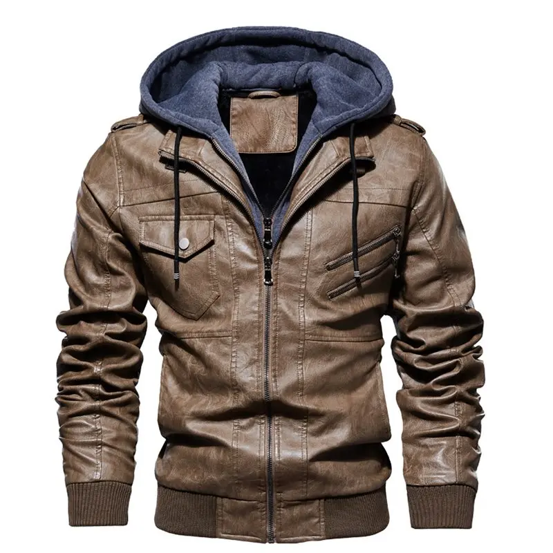 

Men Leather Jacket Safari style Locomotive Casual Slim Fit Hooded Washed PU Faux Leather Coat Thick Plus Leather Clothes
