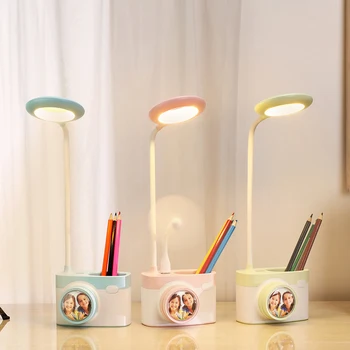 

Ring Study Lamp USB Output Port Led Desk Lamp Touch Switch 2 Light Colors Dimmer Rechargeable Brush Pot Base Reading Table Lamps