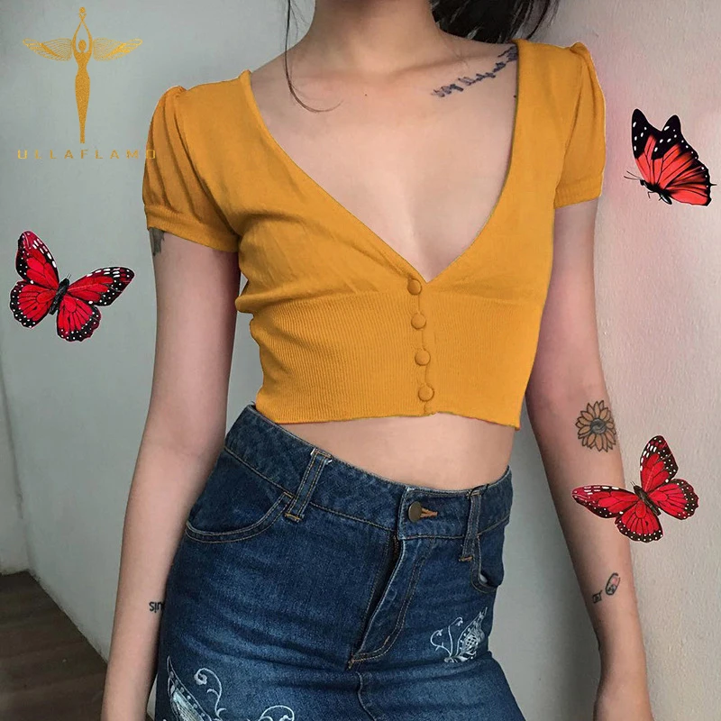 

Summer Knit Crop Top Women's T-shirt Casual V-neck Short Sleeve Button Cardigan Orange Slim Simple Ladies Top Poleras Mujer
