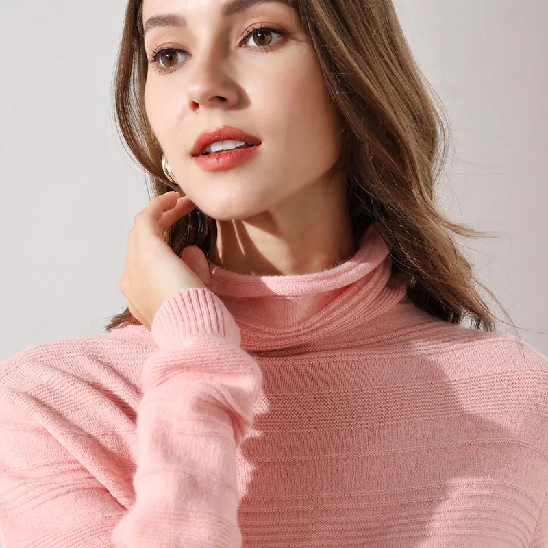 Женский свитер с высоким воротом Ангорский зимний теплый вязаный пуловер топ с длинными рукавами бежевый зимний кашемировый свитер джемперы - Цвет: Розовый