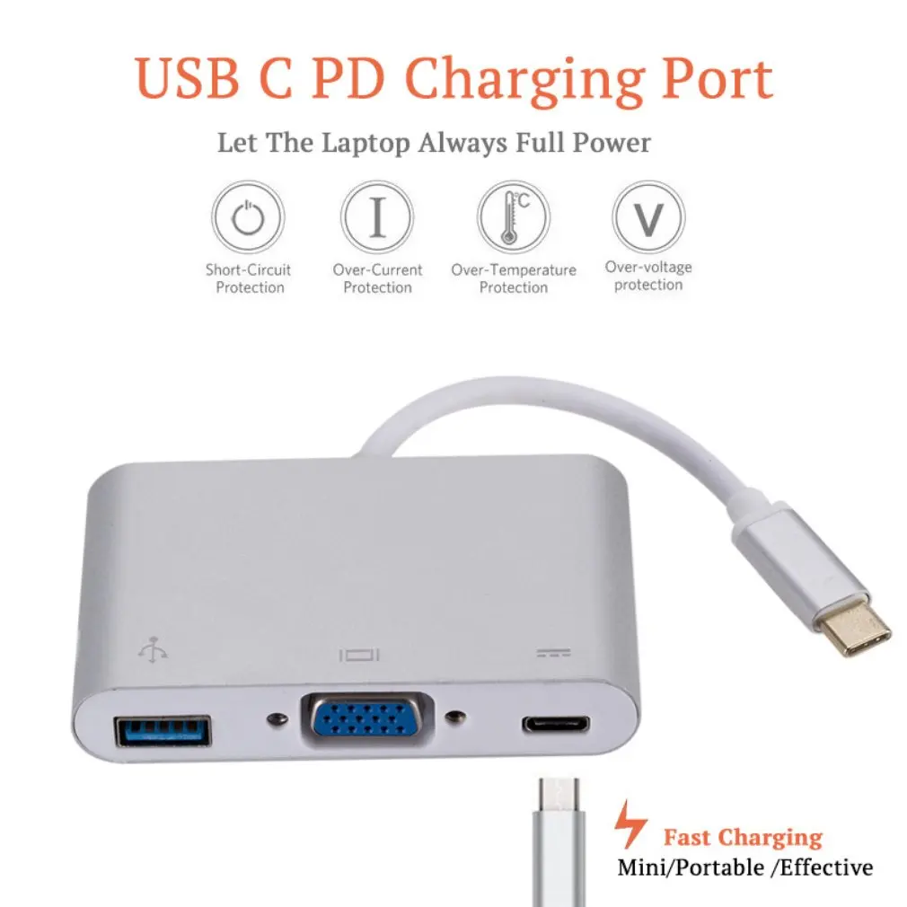 3 в 1 USB 3,1 тип-c к VGA+ концентратор+ PD видео конвертер адаптер тип-c к HDMI+ VGA Аудио кабель конвертер для Macbook Прямая поставка