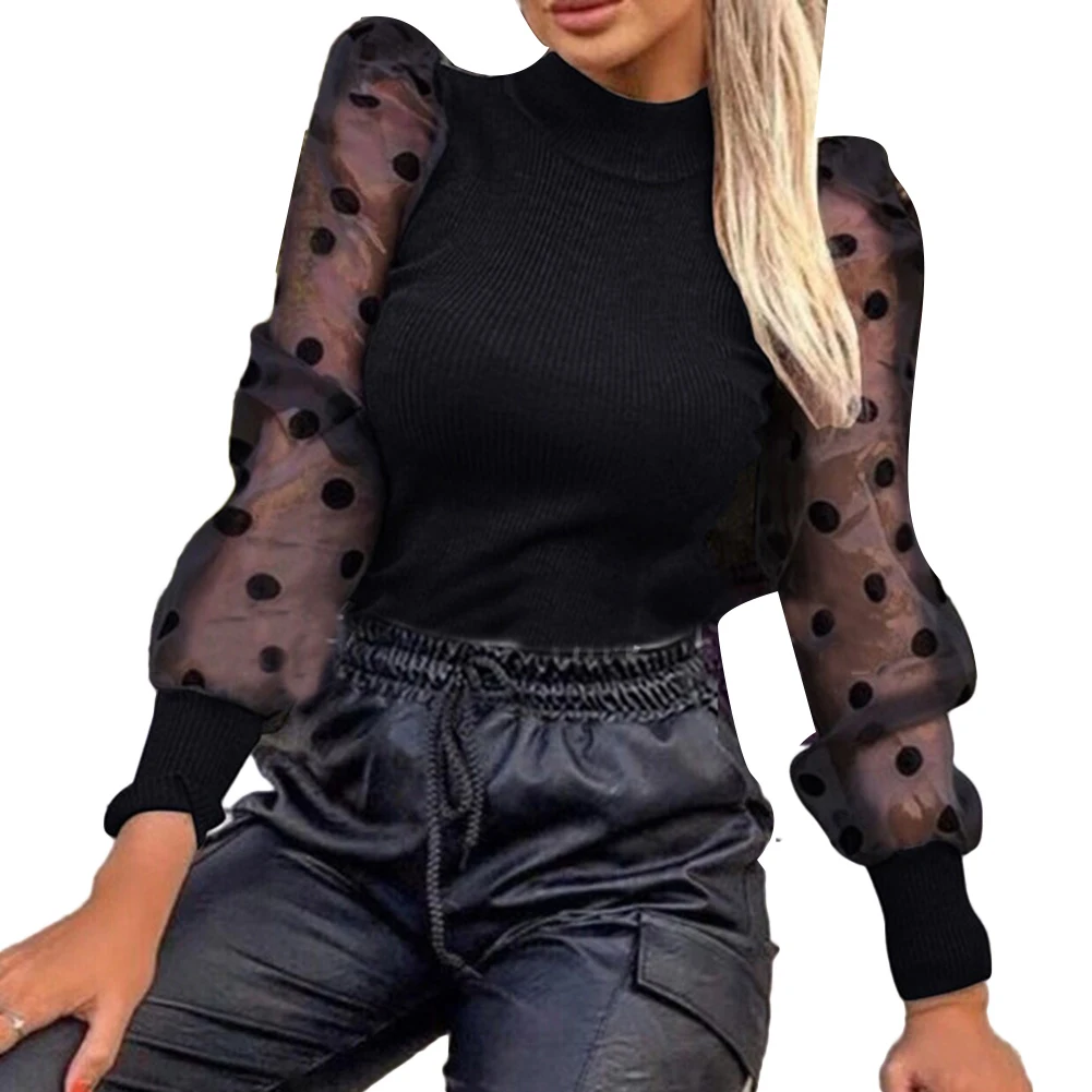 2019 Casual Dot Print Mesh Puff Sleeve Transparent Knitted Sweater Pullover Fall Winter Women Turtleneck Top | Женская одежда