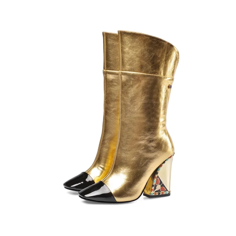 ZVQ/ г., новые осенние ботфорты на очень высоком каблуке с квадратным носком, Высококачественная женская обувь из натуральной кожи, большие размеры - Цвет: short golden