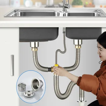 

Double Sink Vertical Type with overflow Pipe kit basin Waste set Strainer Disposer Drain hose Plastic Flexible Flume YHJ40101