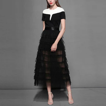 

Seifermann Summer Fashion Designer Party Ball Women Skirt Suits Short sleeve Patchwork Shirt＋Black Mesh Cake Skirts 2 Pieces Set