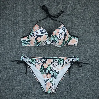 

Summer 2020 Halter Flower Printed Women Bikini Set Sexy Bandage Swimwear Push Up Padded Summer Bathing Suit Beach Swimsuit