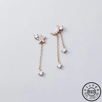 

925 Sterling Silver Asymmetrical Zircon Star Moon Shape Rose Gold Color Plated Tassel Dangle Drop Earrings Jewelry for Women