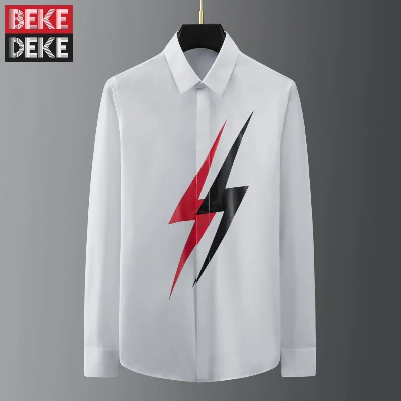

Рубашка мужская с отложным воротником, брендовая модная повседневная приталенная Клубная одежда с принтом молнии, с длинным рукавом, с отложным воротником, разные цвета, весна