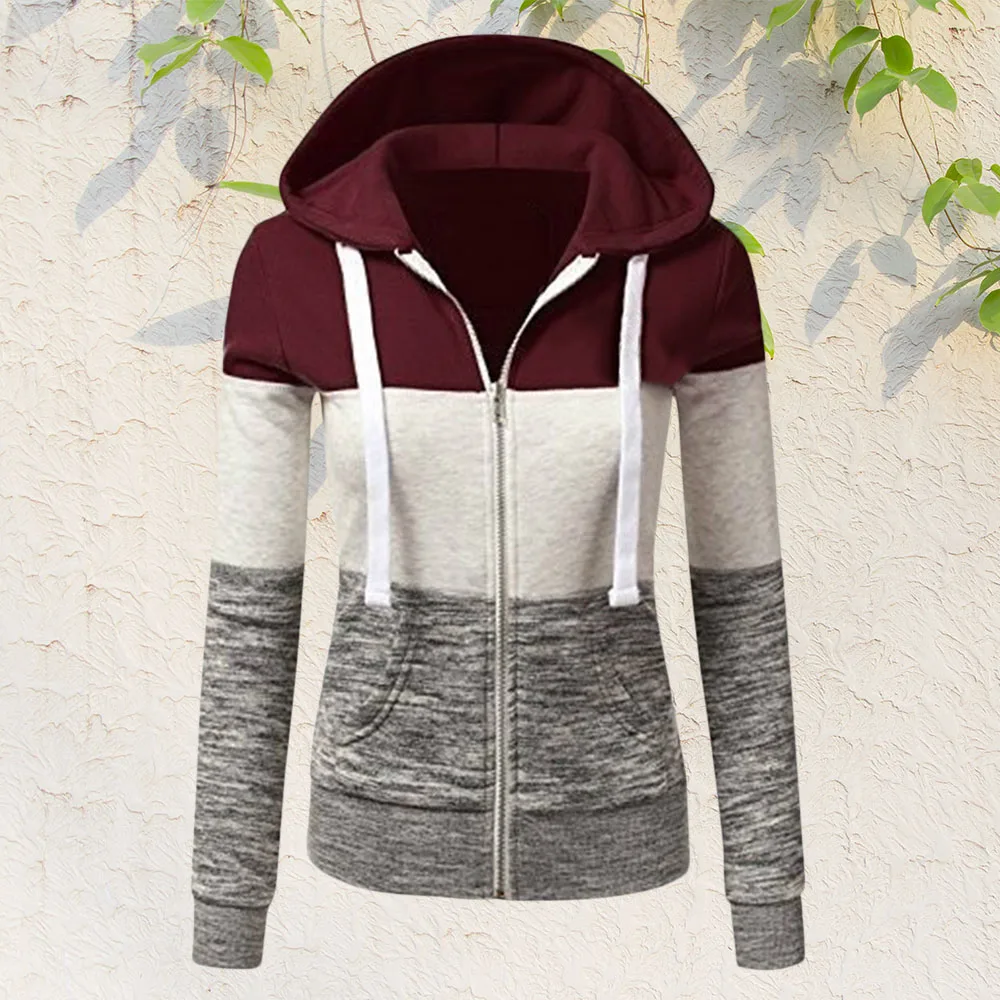 

Autumn Hoodies Women Sweatshirt Casual Zipper Patchwork Long Sleeve Pocket Shirt Hooded Sweatshirt Tops Plus Size 5Xl