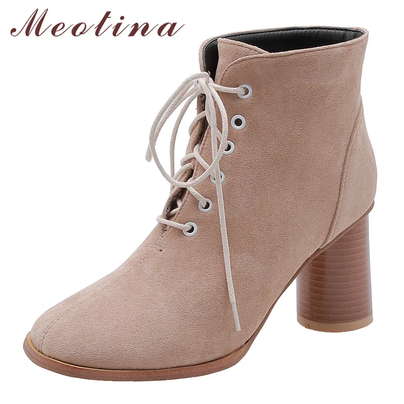 

Meotina Autumn Ankle Boots Women Boots Lace Up Round High Heels Short Boots Fashion Round Toe Shoes Ladies Winter Big Size 33-46