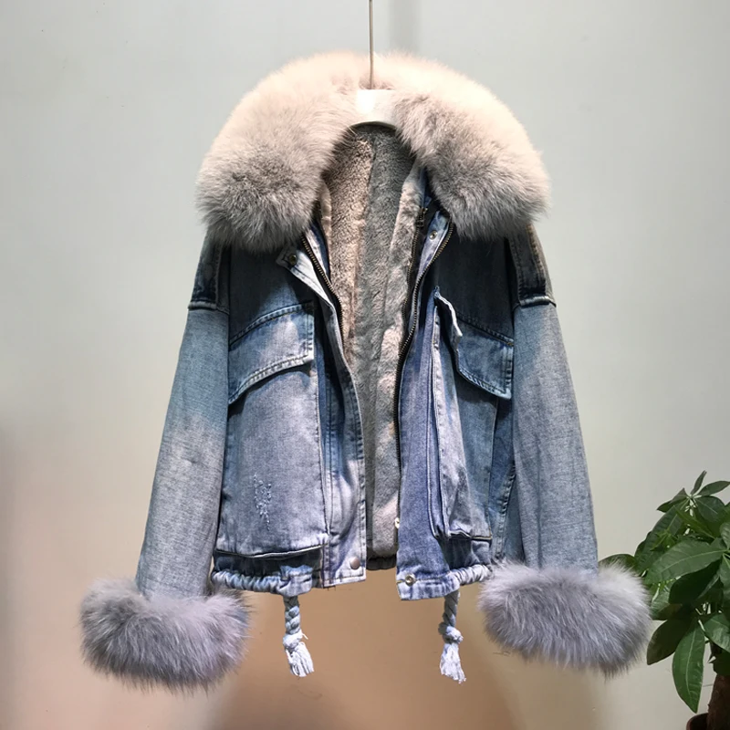 blue with gray fur Толстые теплые джинсовые парки из натурального Лисьего меха; женская зимняя мода; меховая подкладка из искусственного кроличьего меха; съемная меховая подкладка; теплое пальто; F476 - Цвет: blue with gray fur