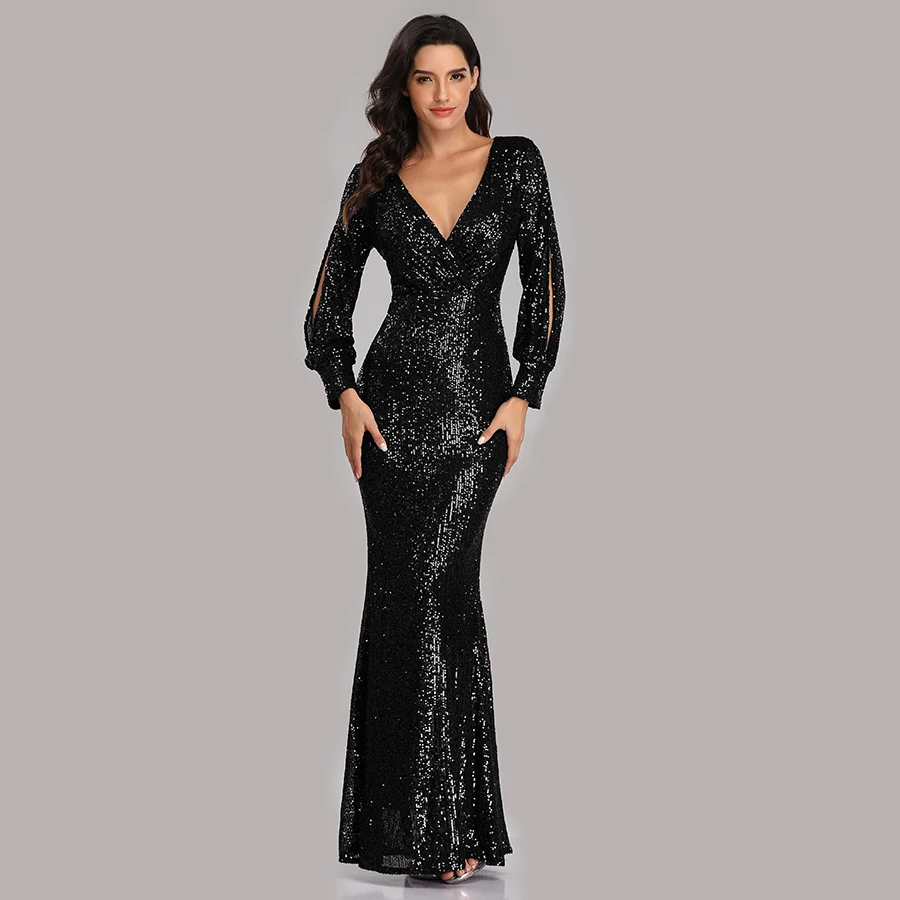 Skyyue, вечерние платья, длинное, расшитое блестками, элегантное, Robe De Soiree,, глубокий v-образный вырез, разрез, официальное платье, полный рукав, вечернее платье LT008 - Цвет: Черный