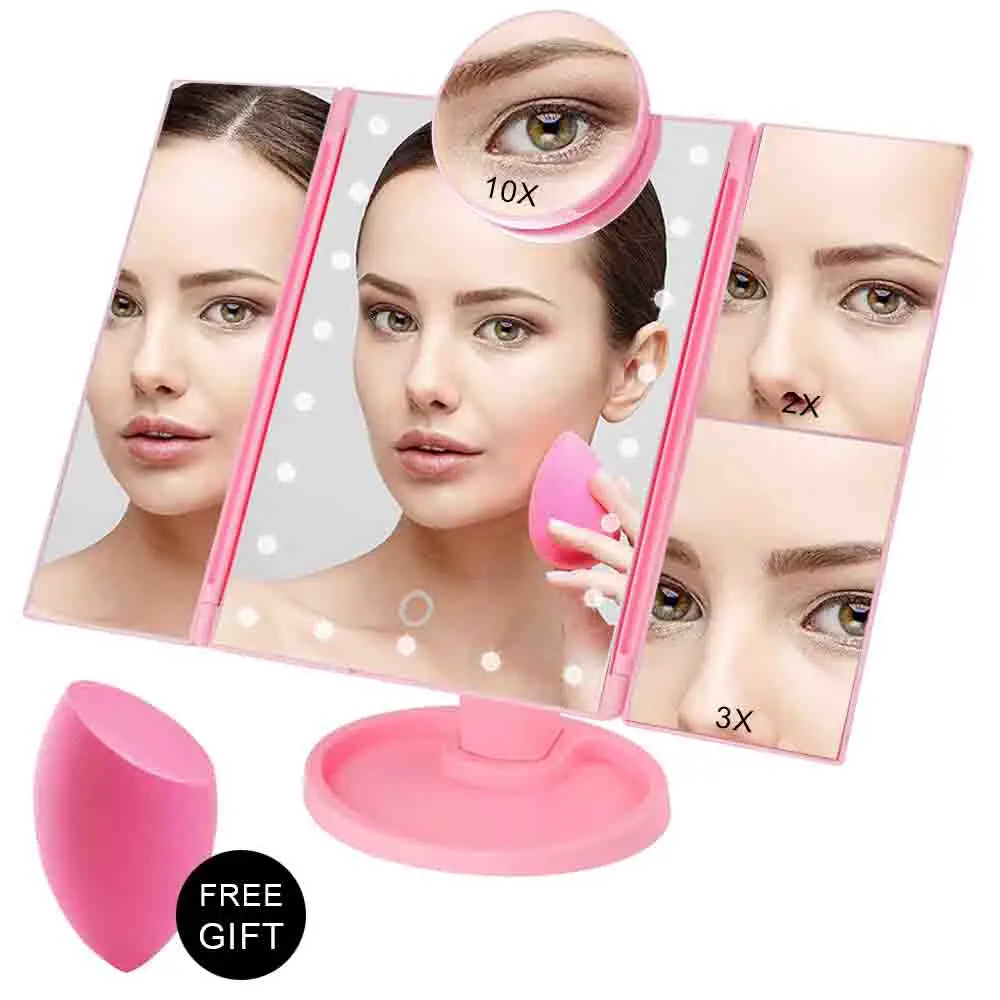 

Makeup Mirror Touch Screen 22 LED Light Vanity With Magnifying 1X/2X/3X/10X Flexible Pocket Mirror Cosmetic 3 Folding Adjustable