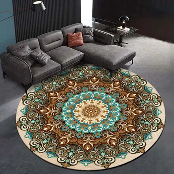 

European Ethnic Style Blue Brown Camel Color Mandala Flower Round Living Room Bedroom Non-slip Mat Carpet Customization