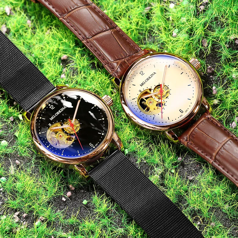 ORKINA Luxury Brand Watches Men Automatic Self-Wind Black Stainless Steel Band Skeleton Mechanical Wristwatches Relojes Hombre