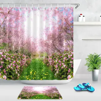 

Spring Garden Shower Curtains Cherry Blossom Flower Meadow Bath Curtain Durable Polyester Fabric Bathroom Curtains with 12 Hooks