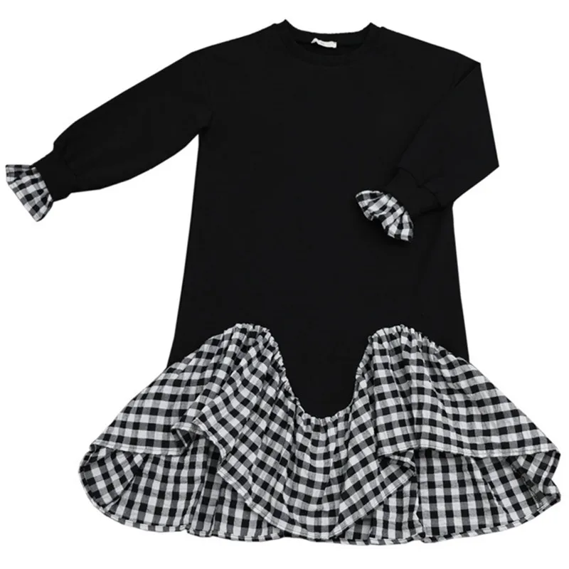 

4 to 16 years kids & teenager girls long sleeve black patchwork plaid ruffle cotton casual spring dress children clothing