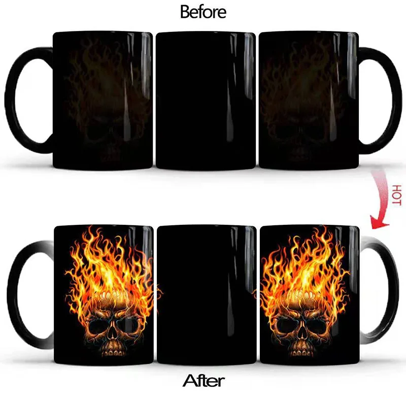 Забавная пугающая волшебная кружка Fire On Skull для кофе с изменением цвета горячей и