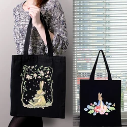Cute Cartoon Rabbit Black Shopping Bags Large Capacity Handbags Female Vintage Aesthetic Student Handbag Canvas Bag  Eco