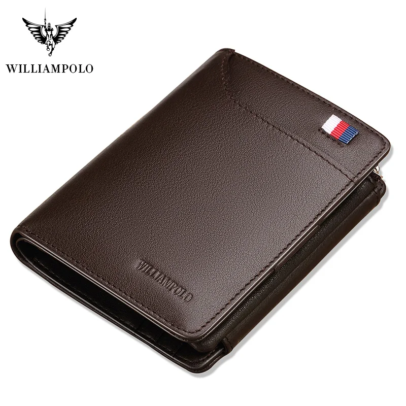 Brown Мужской кошелек от роскошного бренда от бренда WILLIAMPOLO из натуральной кожи, мужской кошелек с тремя сложениями, кошелек на молнии с карманом для монет, кошелек из коровьей кожи, мужской кошелек с отделением для карт - Цвет: Brown
