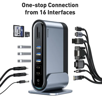 

Baseus 16 in 1 USB C HUB Type C to Multi HDMI RJ45 VGA USB 3.0 2.0 with Power Adapter Docking Station for MacBook Pro Type-c Hub