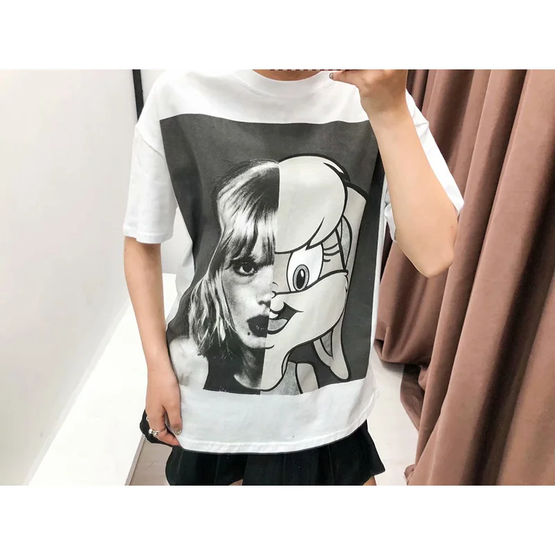 Повседневная Лоскутная футболка с мультяшным кроликом Белая Летняя женская