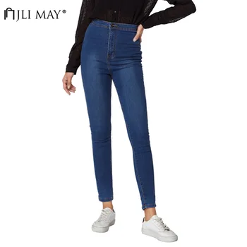 

JLI MAY Womens Elastic Jeans Slim Dark Washed Zipper Fly Full Length Casual Pants Mid Waisted Skinny Jean Woman Streetwear