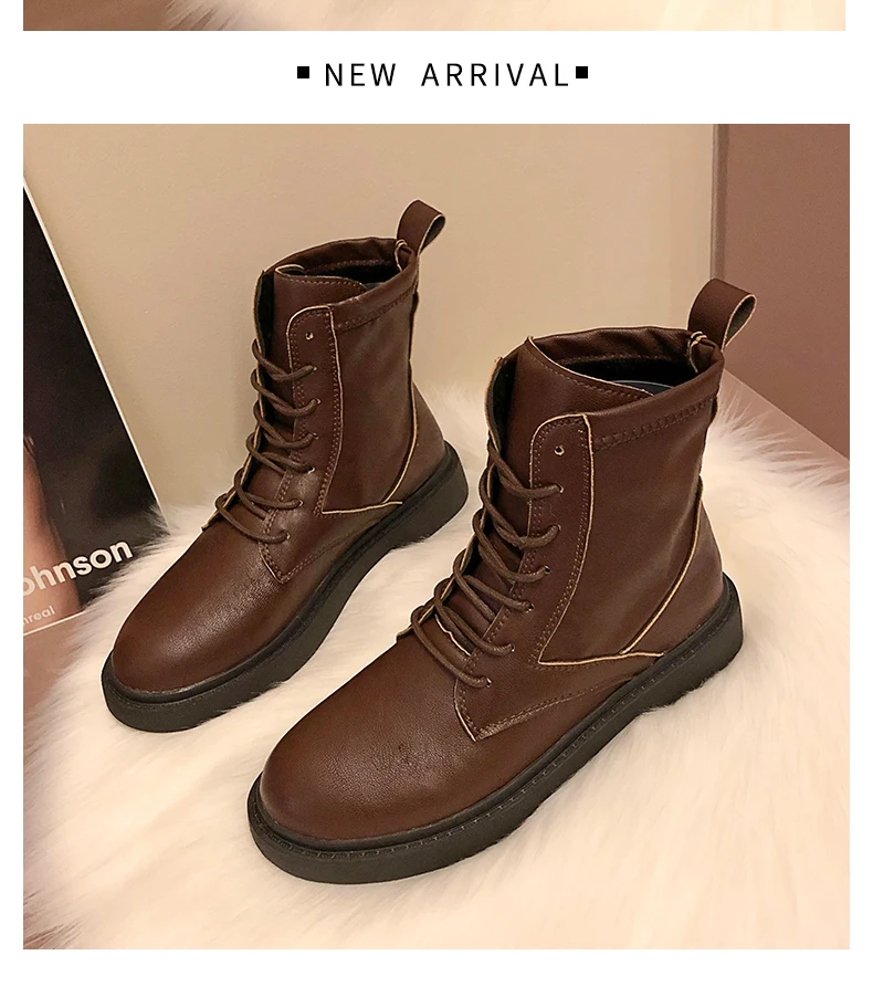 Lace Up Women's Leather Boots Flat Heel Round Toe Low Heels booties Booties Ladies Fashion Womens Shoes Boots-women Punk