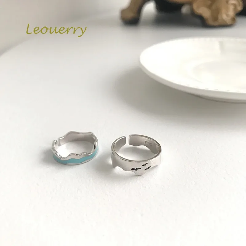 Leouerry концы земли дизайн пара кольцо S925 серебро эмаль ремесло Небесно голубой волны кольца для женщин элегантные ювелирные изделия
