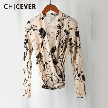 

CHICEVER Print Irregular T-shirts For Female V Neck Long Sleeve Tunic Asymmetrical Slim T Shirts Women Clothes 2020 New Fashion