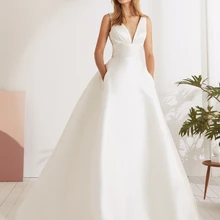 Vivian's Bridal винтажное атласное свадебное платье с карманами, сексуальное свадебное платье с глубоким v-образным вырезом на спине и пуговице, иллюзия талии, многослойное свадебное платье с бантом