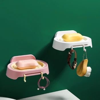 

Bathroom Soap Dish Plastic Soap Holder Storage Box Dish Drainer Tray With Hook Wall Mounted Bathroom Organizer