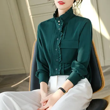 

Lace blouse 2020 spring new fashion shirts women Office Lady chiffon blouse korean fashion clothing female long sleeve top green