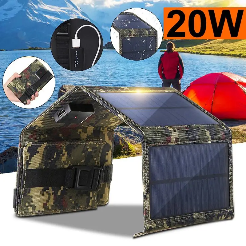 

20W Portable Solar Panel 5V Folding Solar Cell Foldable Waterproof USB Port Charger Mobile Power Bank for Phone Battery Outdoor