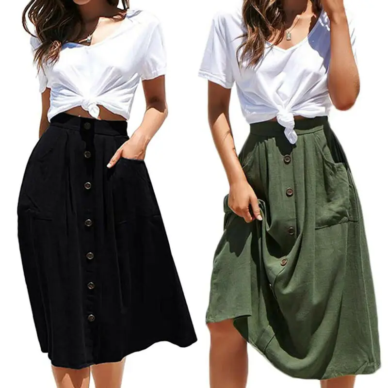Women Skirt Elastic High Waist Pocket Skirt Lady Solid Color Button A-line Skirt Summer Casual Women Girl Clothes