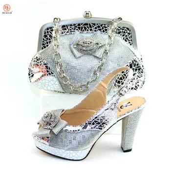 

New Arrival Sliver Color Lady Fashion shoes and bag set To party high heels sandals Traditional wedding matching shoes with bag