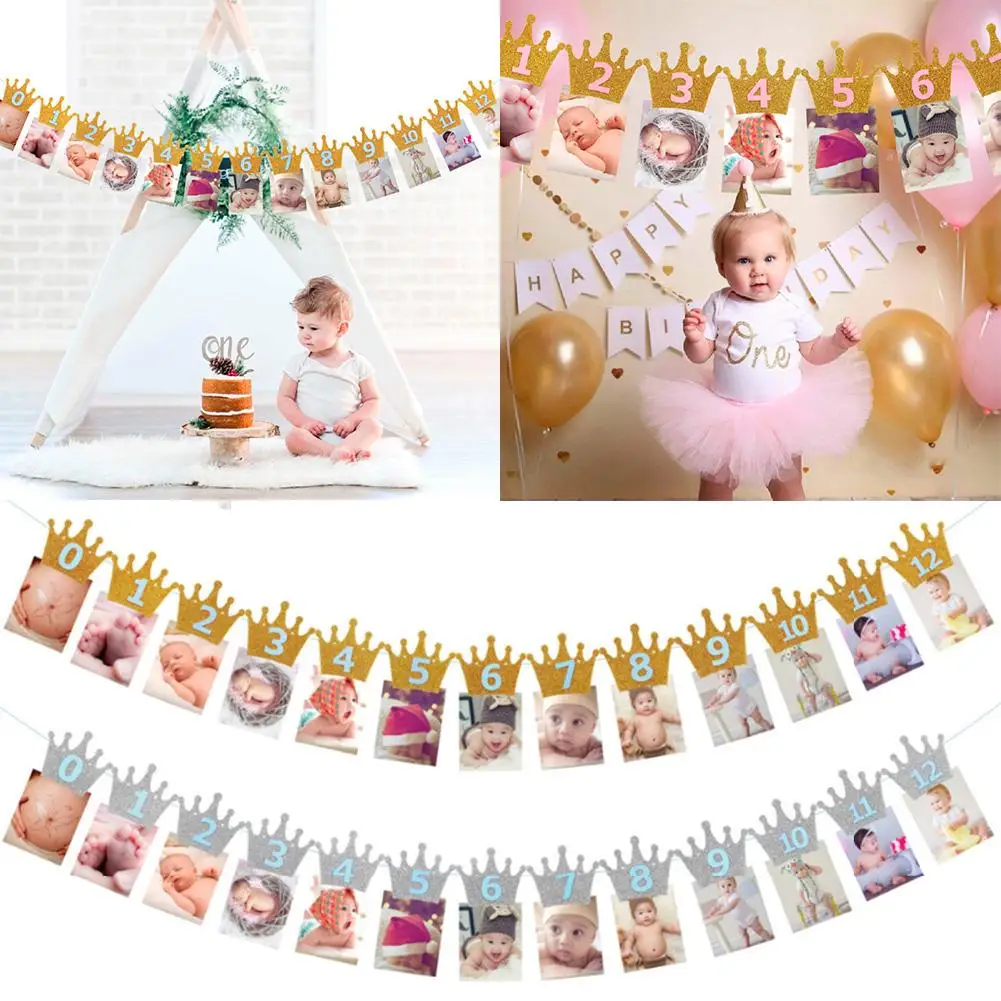 

1st Baby Birthday Party Glitter Crown Monthly Photo Banner 1-12 Months Garland