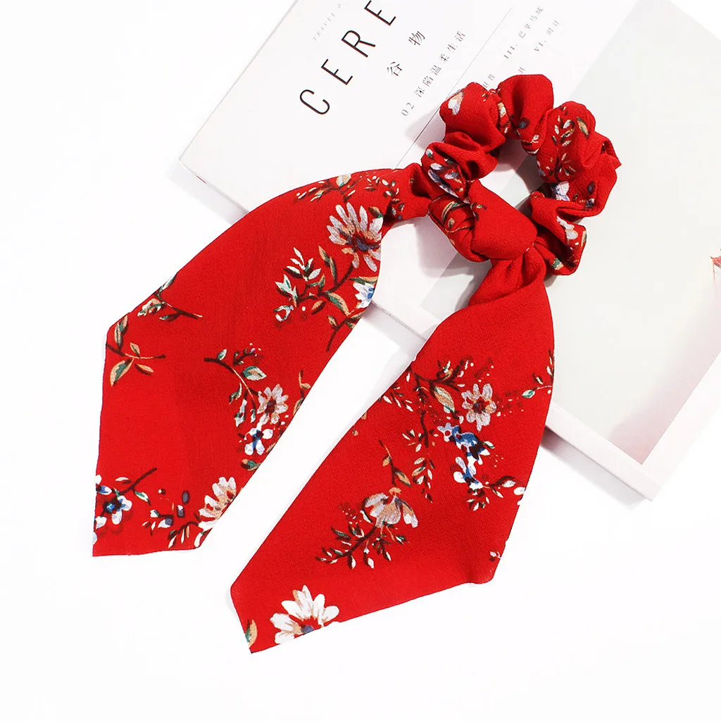 Модные банты для волос для женщин Scrunchie цветочный принт Ruched стримеры лента для волос Haar аксессуары ободки для девочек# T10 - Цвет: Красный