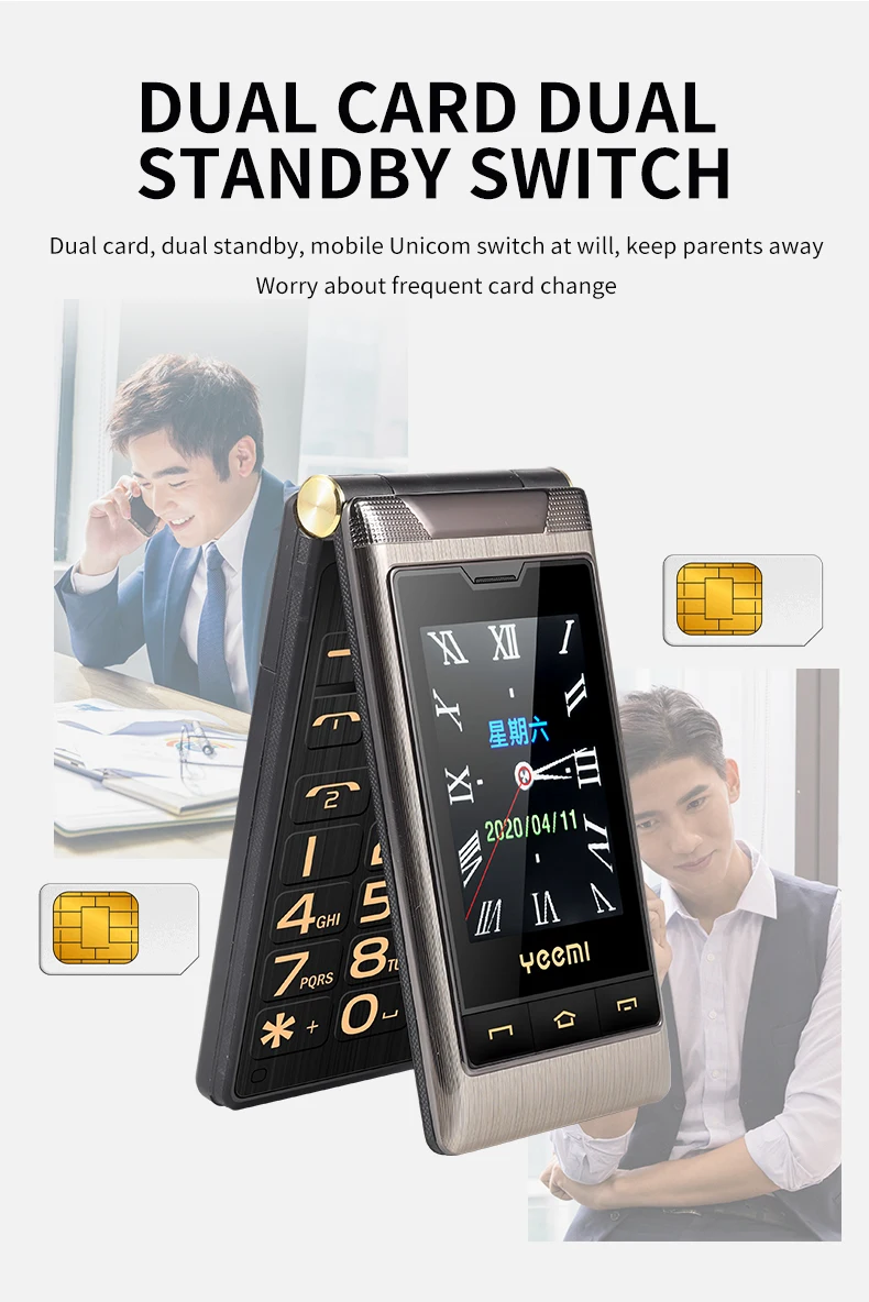 Yeemi Senior Flip Mobile Phone Handwriting Screen Dual Display Large Key Two Sim Long Standby FM Folded Style Elderly Free Case