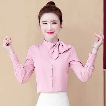 

COIGARSAM 3XL Plus Size Full Sleeve Shirt Womens tops New Spring Chiffon Bow Belt Women shirts Dark Green White Pink Blue 629