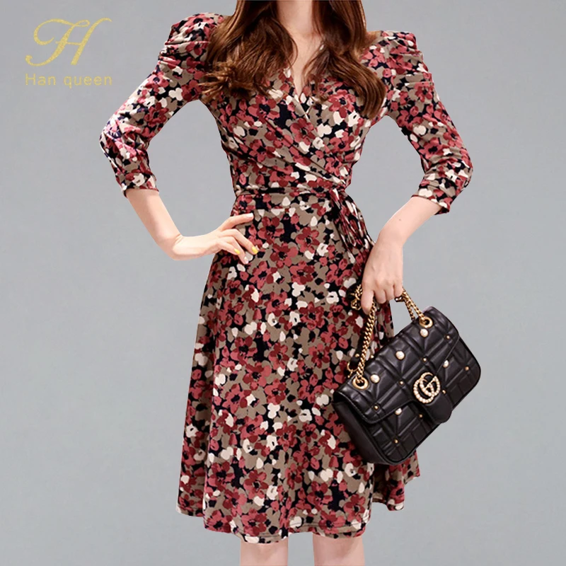 

H Han Queen Retro Printed A-line Dress Women 2019 Autumn 3/4 Sleeve Flower Floral V-neck Dresses OL Casual Office Wear Vestidos