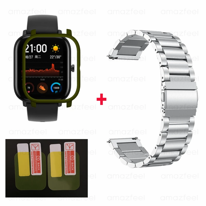 silver-army green 4в1/упаковка умные часы аксессуары для Amazfit GTS ремешок браслет для Huami Amazfit gts чехол Защитная пленка для экрана ремешок на запястье - Цвет: silver-army green