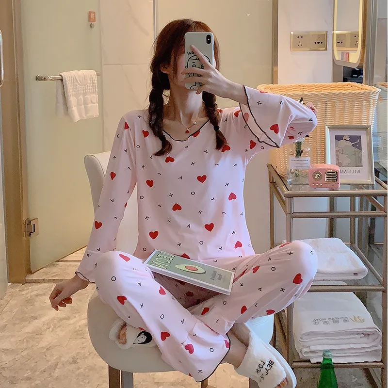 

2020 Woman Pajama Sets Heats Decorated Sleepwear Suits Round Top+Wide Leg Pants Casual Loose Pajamas Female Sleepwear